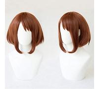 LINLINCD Cosplay wig Mi héroe Academia Boku no Hiro Akademia Uraraka Ochako Corto e Bobo peluca de disfraz de cosplay resistente al calor+gorro de peluca gratis