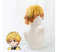 LINLINCD Cosplay wig Nezuko Tanjirou Kamado Pelucas Demonios Matadero Kimetsu no Yaiba Peluca Zenitsu Agatsuma Pelo Dorado Cosplay Pelucas resistentes al calor+Wiig Cap Agatsuma Zenitsu