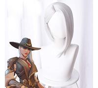 LINLINCD Cosplay wig Overwatch Ashe Cosplay peluca de 30 cm corta recta resistente al calor pelo sintético OW juego peluca blanca plata disfraz fiesta peluca Ashe