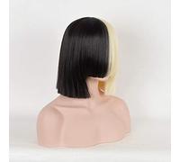 LINLINCD Cosplay wig Sia peluca mitad negro medio rubio corto recto flequillo plano resistente al calor pelo sintético Cosplay pelucas+casquillo de peluca+Big Bowknowts solo peluca larga Bang