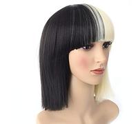 LINLINCD Cosplay wig Sia peluca mitad negro medio rubio corto recto flequillo plano resistente al calor pelo sintético Cosplay pelucas+gorra de peluca+Big Bowknowts solo corta peluca explosión