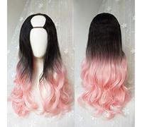 LINLINCD - Harajuku Fashion Long Wavy Curly Fluffy Fluffy U-Shaped Wigs Heat Resistant Synthetic Fiber Ombre Mixed Gradient Dark Roots Hair for Girls 28inches/ 70cm