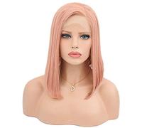 LINLINCD -Lace frente corto rosa Bob pelucas rizado recto raíces oscuras resistente al calor pelo de fibra sintética para mujeres niñas 16 pulgadas