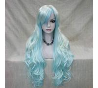 LINLINCD -Largo completo suelto ondulado Harajuku Lolita Ombre mezclado azul pelucas con flequillo real natural para las mujeres sin derramamiento fibra sintética pelo 24 pulgadas