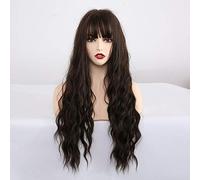 LINLINCD -Las pelucas sintéticas largas de onda de agua con flequillo Natural rizado marrón oscuro pelucas para mujeres Cosplay pelucas de fibra resistente al calor