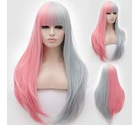 LINLINCD -Longitud de encaje completo ondulado dos tonos ombre flequillo plano pelucas genuino natural sin derrame fibra resistente al calor pelo sintético 32 pulgadas rosa gris