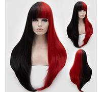 LINLINCD -Longitud de encaje completo ondulado dos tonos ombre flequillo plano pelucas genuino natural sin derrame fibra resistente al calor pelo sintético 32 pulgadas negro rojo