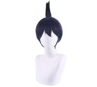 LINLINCD -Motosierra Hombre Hayakawa AKI Anime Cosplay Peluca Azul Negro Corto 30 cm Peluca de Pelo Sintético Halloween Juego de Roles Disfraz Wigs+Peluca Gorra