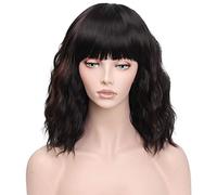 LINLINCD -Natural rizado corto ondulado Bob encaje frente pelucas con flequillo 150% densidad sin cola 100% resistente al calor pelo de fibra sintética 17 pulgadas mezclado marrón