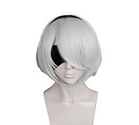 LINLINCD -Nier: Automata 2b Yorha No. 2 Tipo B Heroína Corto Plata Blanco Bobo resistente al calor Cosplay peluca (no incluye parche de ojos)