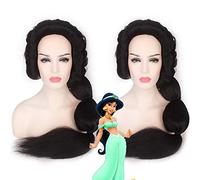 LINLINCD Película Aladdin y la lámpara mágica jazmín largo negro peluca Cosplay para Halloween Anime Disfraz Fiesta Sintético Cola de caballo pelo 90 cm