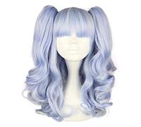LINLINCD -Peluca Anime Cosplay 50 cm largo sintético ondulado dos colas de caballo color azul claro peluca 100% fibra de alta temperatura WIG-437A KEEBON