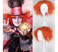 LINLINCD Peluca anime cosplay Biamoxer Alicia en el País de las Maravillas 2 Mad Hatter Tarrant Hightopp Naranja Peluca Corta Pelo Rizado Juego de Roles Halloween Pelo Sintético
