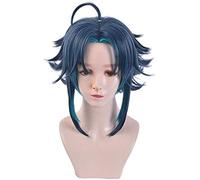 LINLINCD -Peluca Anime Cosplay Keebon juego Genshin Impact Xiao Cosplay pelucas mixtas azul corto Cosplay peluca resistente al calor pelo sintético Halloween