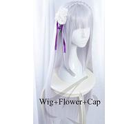 LINLINCD Peluca Cosplay de 100 cm de largo plata púrpura Re: Vivir en un mundo diferente a Zero Emilia resistente al calor pelo Cosplay peluca de disfraz+peluca gratis peluca y una flor
