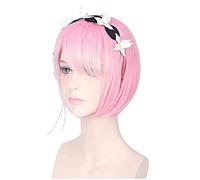 LINLINCD Peluca de Cosplay de 35 cm, Ram Rem Cosplay, corto, resistente al calor, pelo Bob Re Zero Kara Hajimeru Isekai Seikatsu con joyas Rosa