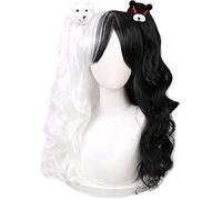 LINLINCD - Peluca de cosplay de Anime Coser para mujer, color negro y blanco, peluca de pelo rizado, peluca de pelo rizado, para fiesta de Halloween con 2 osos