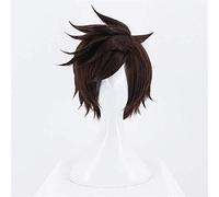 LINLINCD - Peluca de cosplay de anime KEEBON Game OW Overwatch Tracer Corto Marrón Cosplay Peluca sintética de Halloween Fiesta de Fiesta de Juegos Escenarios Pelucas de Pelo Marrón
