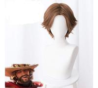 LINLINCD Peluca de cosplay Jesse Mccree Cosplay peluca de 30 cm corta rizada resistente al calor pelo sintético centro de despedida OW juego disfraz fiesta peluca Jesse Mccree