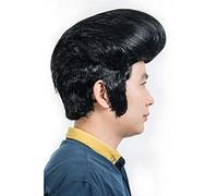 LINLINCD Peluca de cosplay para hombre, falda cantante Elvis Aron Presley Cosplay peluca fiesta punk Elvis Presley pelucas de pelo negro con estilo + gorra de peluca