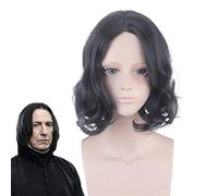 LINLINCD Peluca de cosplay Severus Snape Black Wig Cosplay Professor Snape Curly Wig Halloween Role Play Costumes Wigs+ Wig Cap