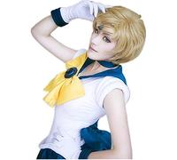 LINLINCD - Peluca Vsailor Moon Sailor Uranus Tenoh Haruka, disfraz de cosplay, lino corto, rubio, resistente al calor, pelo sintético + red para el pelo