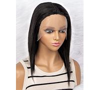 LINLINCD - Pelucas de encaje humano en T parte delantera de encaje medio recto peluca de cabello humano para mujeres negras (150 densidad 13 x 4 x 1 negro, 14 pulgadas)