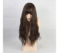 LINLINCD - Pelucas de pelo largo y rizado con flequillo para mujer, pelucas de cosplay sexy, marrón frío, pelo sintético natural, fibra resistente al calor