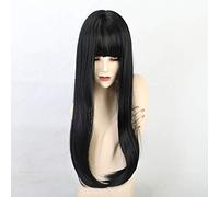 LINLINCD - Pelucas largas onduladas con flequillo negro Cosplay pelucas sintéticas naturales pelucas de fibra resistente a altas temperaturas