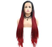 LINLINCD -Pelucas tejidas de pelo largo, peluca de encaje frontal hecha a mano para mujer, degradado de color negro-rojo, para la fiesta diaria
