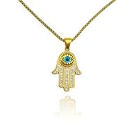 LINLINCHIC Collar de acero inoxidable chapado en oro de 18 quilates, collar con colgante de mal de ojo azul para mujeres y hombres, mano de Fátima de Hamsa con circonita cúbica. (amarillo)