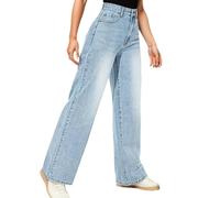 LinLinYang Pantalones de mezclilla para mujer, estilo retro, color azul claro, cintura alta, pierna recta, ancho, azul, S-M