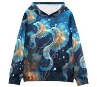 LINNIKEEEE Espacio Azul Caballitos De Mar Sudaderas con Capucha para NiñOs NiñAs con Estampado 3D Bonitas Cómodas