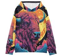 LINNIKEEEE FantasíA Acuarela Bisonte Luna Sudaderas con Capucha para NiñOs NiñAs con Estampado 3D Bonitas Cómodas