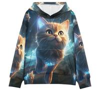 LINNIKEEEE Gatos Azul Estrella Sudaderas con Capucha para NiñOs NiñAs con Estampado 3D Bonitas Cómodas