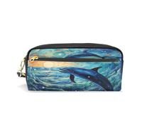 LINNIKEEEE Patrón De Van Gogh Delfín Estuche de Cuero para Lápices Bolsa de Maquillaje Escolar Estudiante Caja de Lápices para Niños Niñas