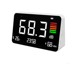 Linnkyfloa Medidor digital de decibelios con temporizador, pantalla de temperatura y humedad, medidor de ruido de pared con indicador visual de 3 indicadores visuales, oficina, fábrica, escuela