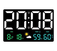 Linnkyfloa Reloj de pared digital LED grande con pronóstico del tiempo, monitor de temperatura y humedad, pantalla de calendario, 5 niveles de brillo, blanco (luces de colores)