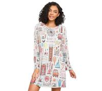 Linnyio Abstracto Doodle Londres Camisones para Mujer,Pijamas de Manga Larga,Camisón Suave para Estar en Casa Ropa de Dormir