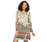 Linnyio Arte Abstracto Londres Camisones para Mujer,Pijamas de Manga Larga,Camisón Suave para Estar en Casa Ropa de Dormir