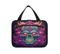 Linnyio Cráneo Disparado Con Llama Púrpura Neceser de Viaje Colgante, Bolsa de Maquillaje y Cosméticos,Plegables de Gran Capacidad para Baño de Mujeres Niñas