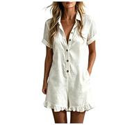 Lino Mono Corto Mujers Mono de verano para mujers corto holgado con media manga pierna ancha volantes muselina con botones cuello de banda holgado traje cuerpo completo para tiempo (White, M)