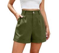 Lino Pantalon Corto Mujer con Bolsillo Tiro Alto Color Liso Moda Mujer Verano 2026 Pantalones Cortos Casual Transpirable Calle Shorts Vacaciones En Interiores Playa Verde Militar S