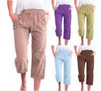 Lino Pantalones Mujer Verano Ofertas Talla Grande Rectos Lino de Algodón Cintura Alta Elástica con Cordón Pantalones Capri Ligeros Pantalón de Chándal Suave y Cómodo Danza Pilates Yoga Pants
