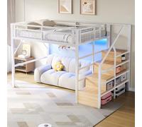 LinoraFurn Cama alta, 140 x 200 cm, marco de hierro, con tira de luz LED, construcción de escaleras con espacio de almacenamiento, espacio libre para vestirse, sin colchón, color blanco