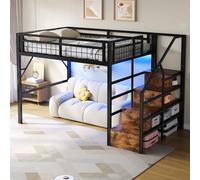 LinoraFurn Cama alta, 140 x 200 cm, marco de hierro, con tira de luz LED, construcción de escaleras con espacio de almacenamiento, espacio libre para vestirse, sin colchón, negro