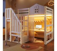 LinoraFurn Cama alta, 90 x 200 cm, con luces LED, forma de ventana, escalera, compartimento de almacenamiento abierto, gasa, sin colchón (90 x 200 cm)