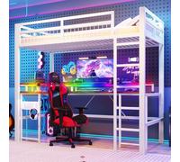 LinoraFurn Cama alta 90 x 200 cm, marco de hierro con barra LED que cambia de color, con escritorio, 1 puerto USB + 1 conector tipo C y 2 tomas de corriente, con pared perforada, sin colchón (blanco D