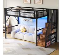 LinoraFurn Cama alta, 90 x 200 cm, marco de hierro, con tira de luz LED, construcción de escaleras con espacio de almacenamiento, espacio libre para disfrazarse, sin colchón, negro