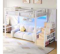 LinoraFurn Cama alta, 90 x 200 cm, marco de hierro, con tira de luz LED, construcción de escaleras con espacio de almacenamiento, espacio libre para disfrazarse, sin colchón, color blanco